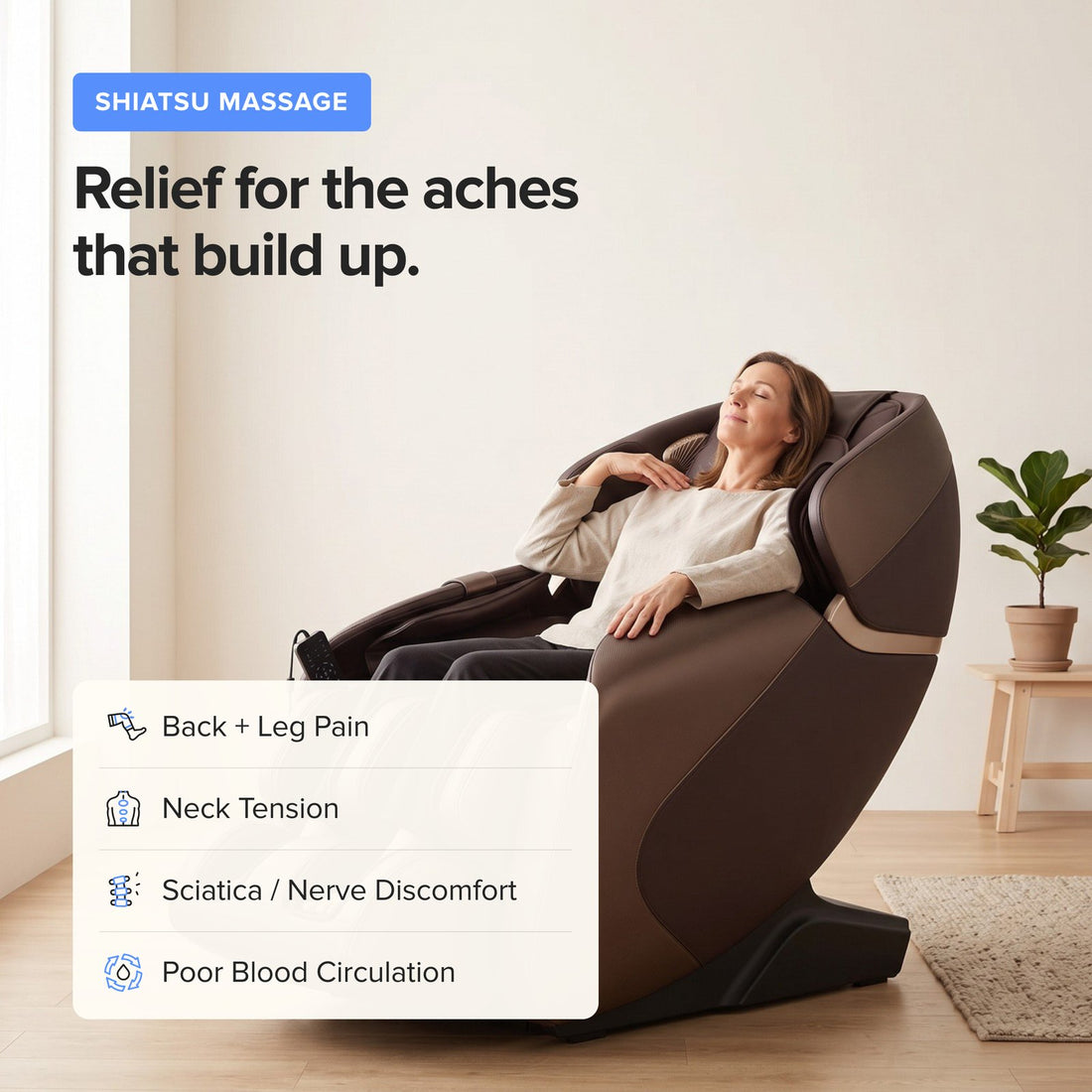 Shiatsu relief for back and leg pain, neck tension, sciatica and poor circulation